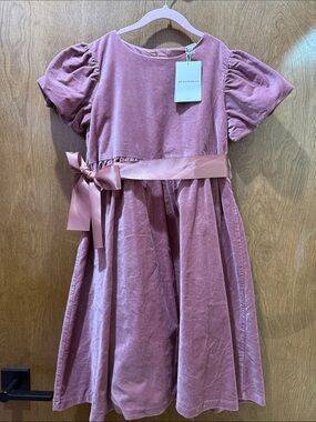H&M Girls' Dusty Rose Velvet Dress with Satin Waist Bow